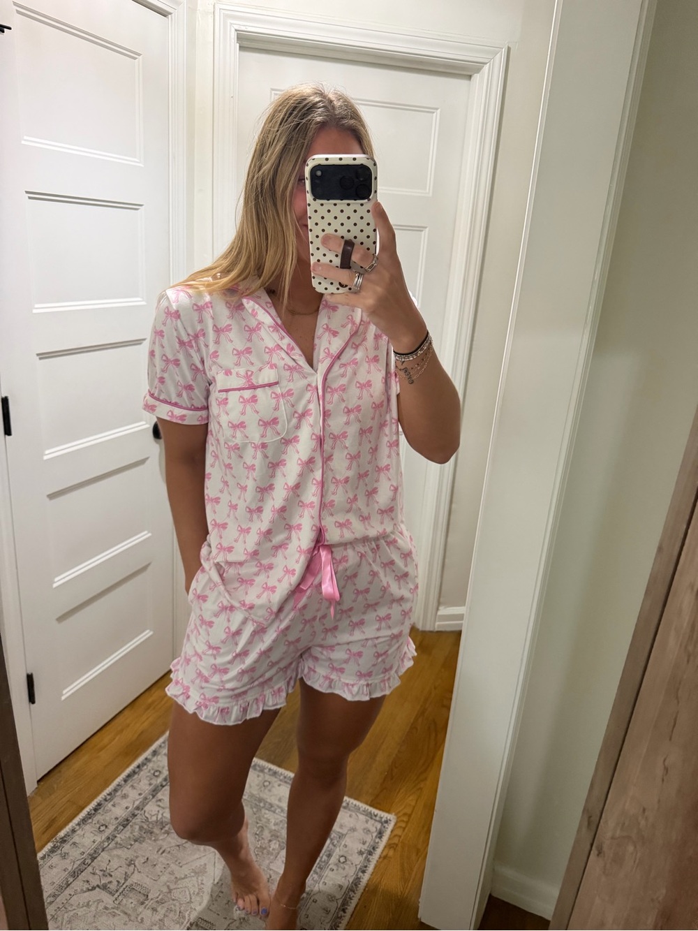 Short-Sleeve Pink Bow Print Pajama Set